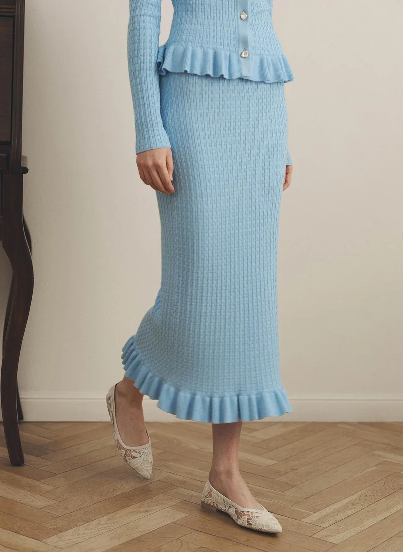 Lichi  Straight textured-knit midi skirt with ruffles for Women | Best Price UAE